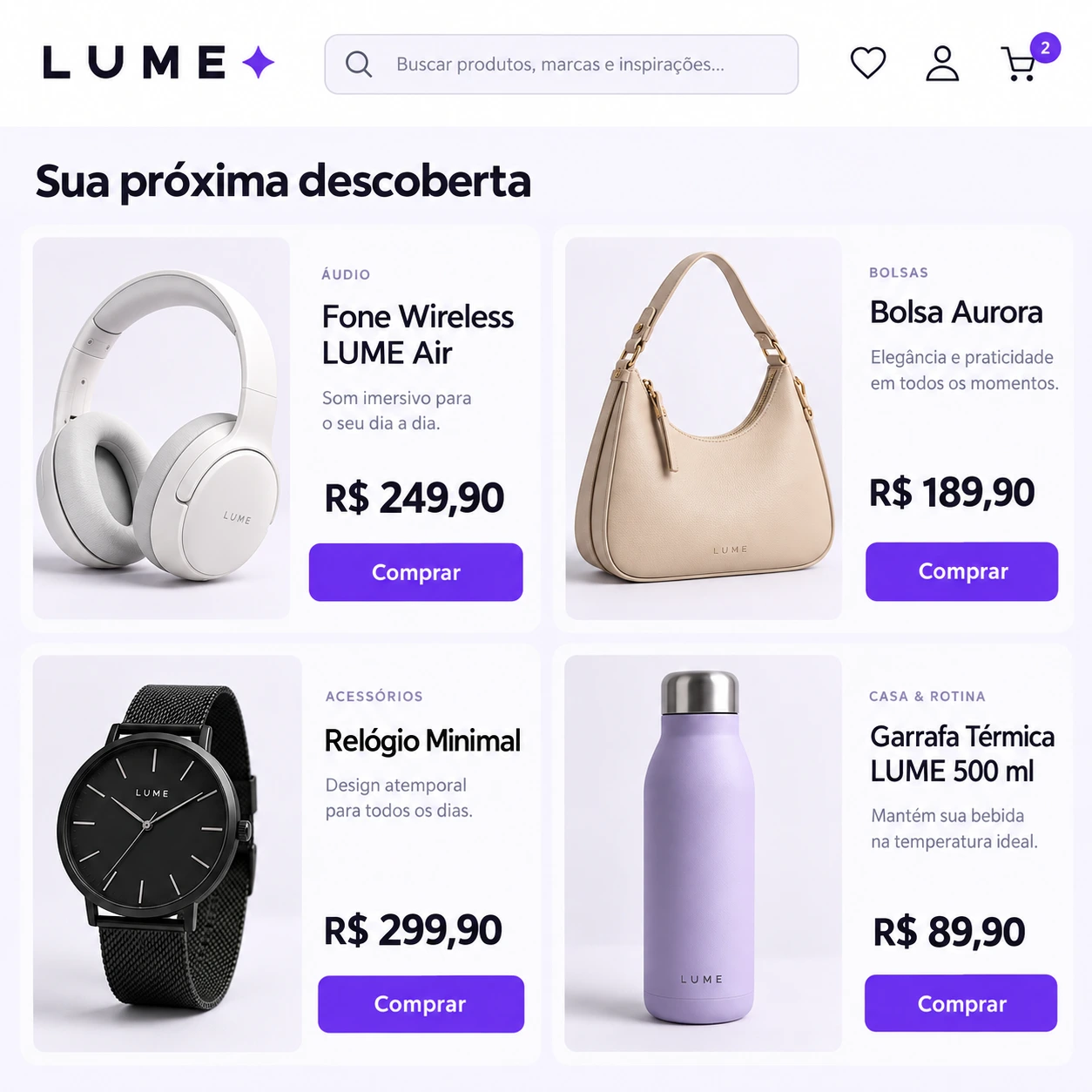 Loja virtual ilustrativa LUME com produtos, preços, carrinho e botões de compra